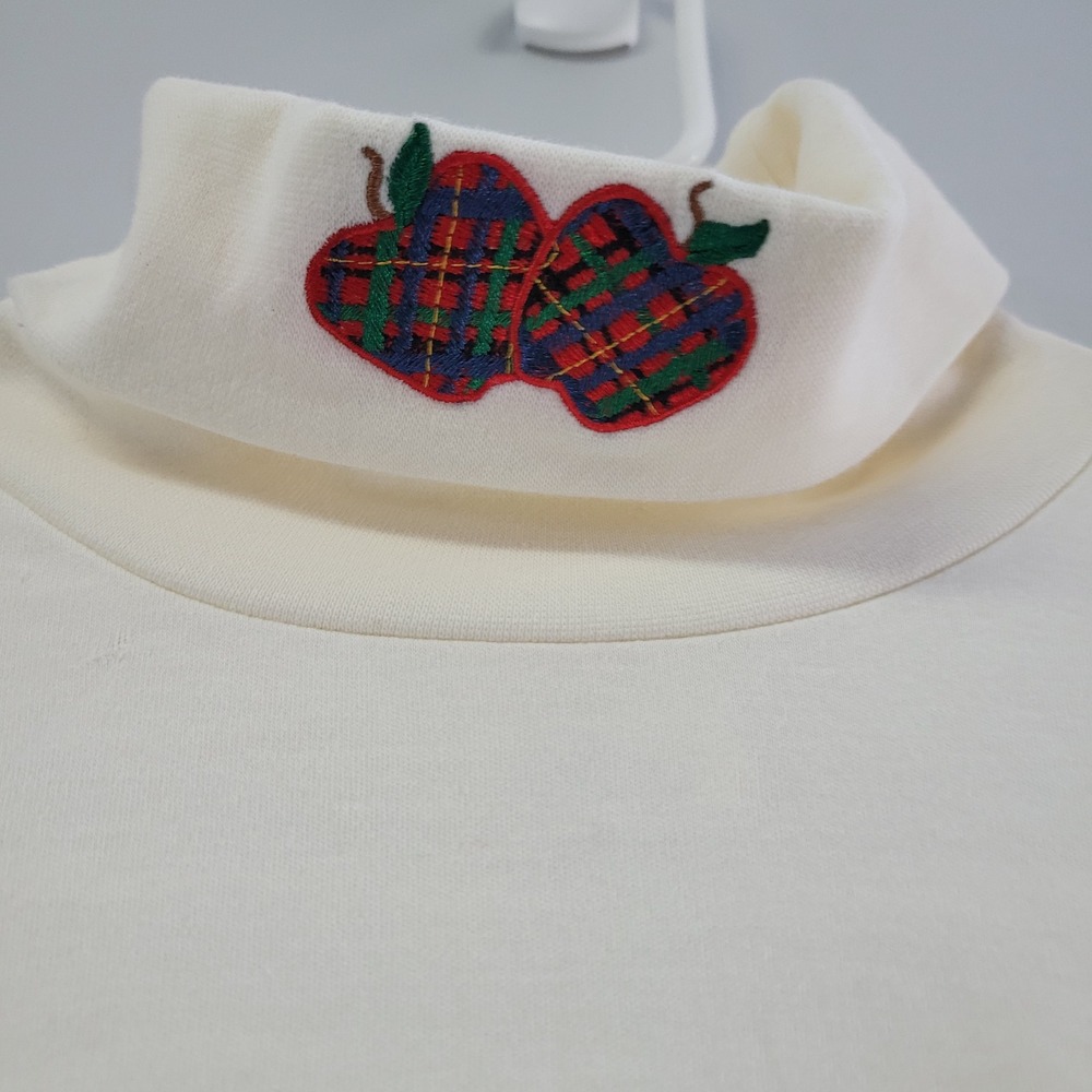 Mandal Bay Womens XL Ivory‎ Cotton Turtleneck Plaid Apple Embroidery Vintage